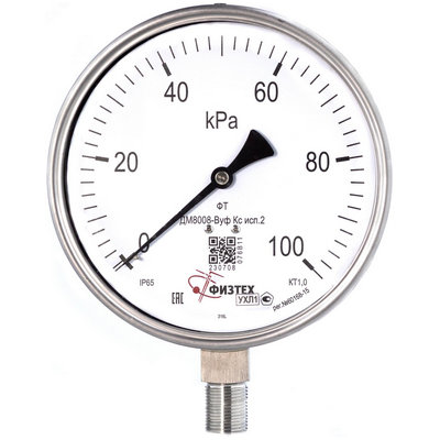 Манометр радиальный Физтех ДМ8008-ВУф Кс исп 2 (0-250 кПа) к.т. 1,0 Ø160 мм IP65 M20х1,5 РШ SG ВуГл виброустойчивый коррозионностойкий с безопасным стеклом, заполнение - глицерин, 4687205724731