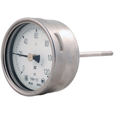 Термометр биметаллический коррозионностойкий осевой ЮМАС ТБП160 (-20…+60°C) ДК160 мм L=100 мм, класс точности 1.5, без гильзы, 8400381817