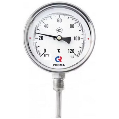 Термометр биметаллический радиальный Росма БТ (серия 220) (0-60°С) G1/2 ДК150мм, класс точности 1.5