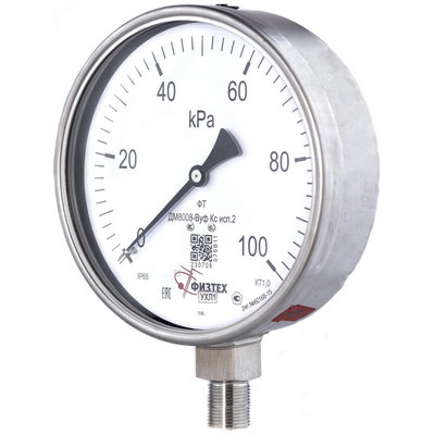 Манометр радиальный Физтех ДМ8008-ВУф Кс исп 2 (0-250 кПа) к.т. 1,0 Ø160 мм IP65 M20х1,5 РШ SG ВуГл виброустойчивый коррозионностойкий с безопасным стеклом, заполнение - глицерин, 4687205724731