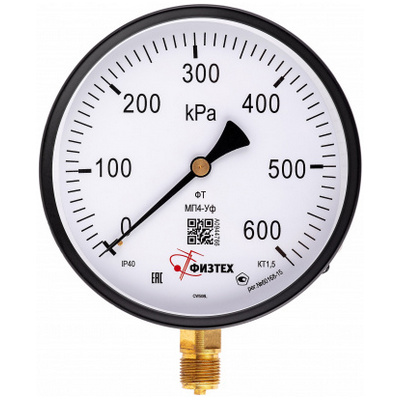 Манометр радиальный Физтех МП4-Уф (0-600 кПа) к.т. 1,5 Ø160 мм IP40 M20х1,5 РШ общетехнический, 4687205178695