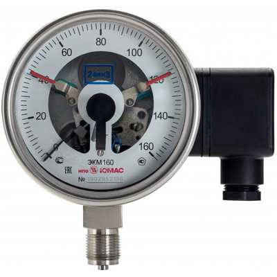 Манометр радиальный взрывозащищённый ЮМАС ЭКМ100ННЭк-Эб-0ExiaIIСТ4GaХ (-0.1-2.4 МПа) М20х1.5 ДК100мм, класс точности 1.0, электроконтактный с магнитомеханическими контактами, 8400380875