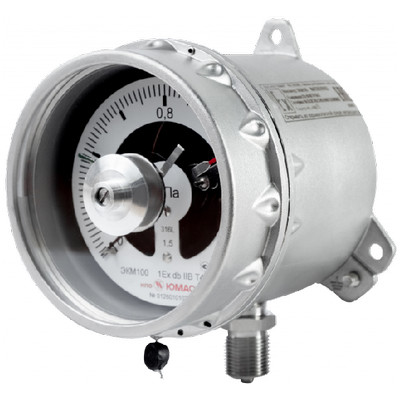 Манометр радиальный взрывозащищённый ЮМАС ЭКМ100ННЭк-РВExdbIMbX/1ExdbIICT4GbX (0-2.5 МПа) М20х1.5 ДК100мм, класс точности 1.0, электроконтактный с магнитомеханическими контактами, 8400380999