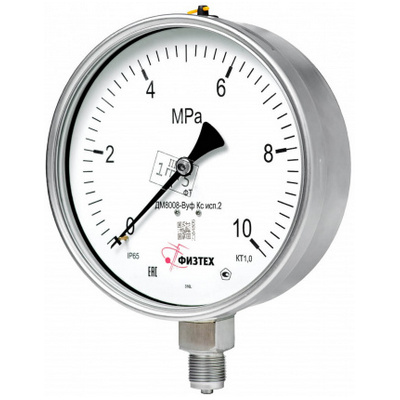 Манометр радиальный Физтех ДМ8008-ВУф Кс исп 2 (0-2,5 МПа) к.т. 1,0 Ø160 мм IP65 M20х1,5 РШ SG ВуСл виброустойчивый коррозионностойкий с безопасным стеклом, заполнение - силикон, 4687205724687