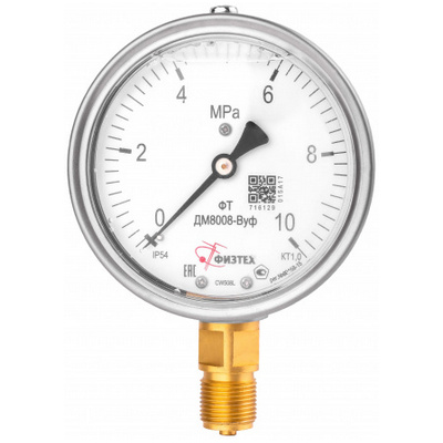 Манометр радиальный Физтех ДМ8008-ВУф (0-6 МПа) к.т. 1,0 Ø100 мм IP54 M20х1,5 РШ ВуГл виброустойчивый заполнение - глицерин, 4687205454577