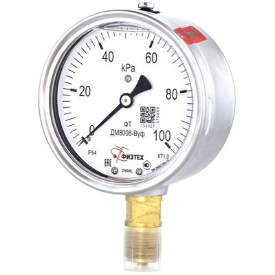 Манометр радиальный Физтех ДМ8008-ВУф (0-250 кПа) к.т. 1,0 Ø100 мм IP54 M20х1,5 РШ ВуСл виброустойчивый заполнение - силикон, 4687205455093
