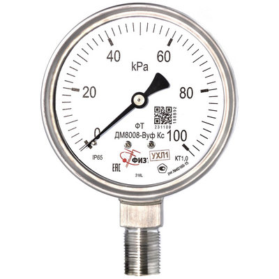 Манометр радиальный Физтех ДМ8008-ВУф Кс (0-600 кПа) к.т. 1,0 Ø100 мм IP65 M20х1,5 РШ SG Б/запол виброустойчивый коррозионностойкий с безопасным стеклом, без заполнения, 4687205720870