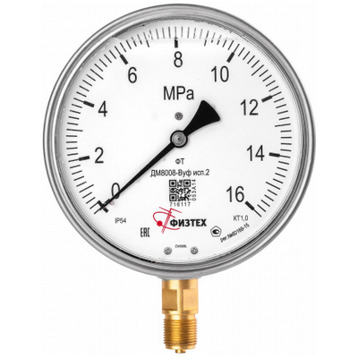 Манометр радиальный Физтех ДМ8008-ВУф исп 2 (0-2,5 МПа) к.т. 1,0 Ø160 мм IP54 M20х1,5 РШ ВуГл виброустойчивый заполнение - глицерин, 4687205454744