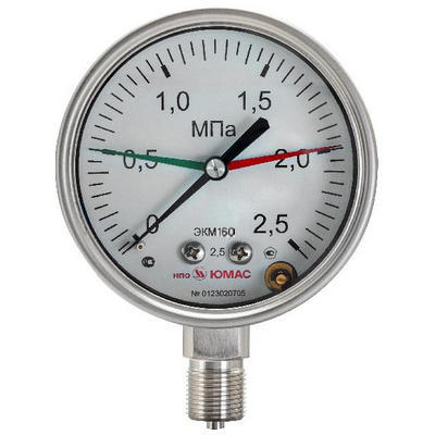 Манометр радиальный ЮМАС ЭКМ160ННЭк (0-0.25 МПа) М20х1.5 ДК160мм, класс точности 1.5, электроконтактный с магнитомеханическими контактами, 8400380757