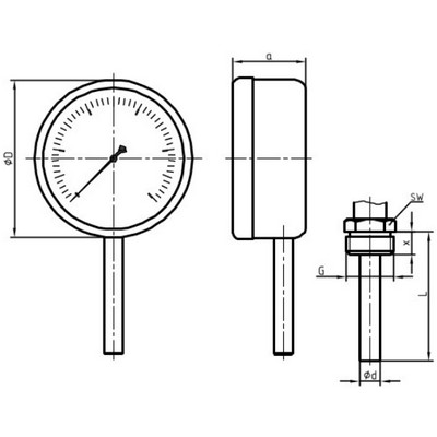 Термометр биметаллический коррозионностойкий радиальный ЮМАС ТБП100 (0…250°C) ДК100 мм L=100 мм, класс точности 1.5, без гильзы, 8400381869