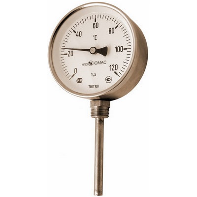 Термометр биметаллический коррозионностойкий радиальный ЮМАС ТБП100 (0…250°C) ДК100 мм L=100 мм, класс точности 1.5, без гильзы, 8400381869