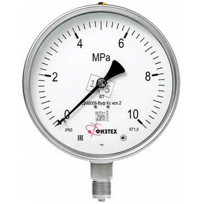 Манометр радиальный Физтех ДМ8008-ВУф Кс исп 2 (0-2,5 МПа) к.т. 1,0 Ø160 мм IP65 M20х1,5 РШ SG ВуСл виброустойчивый коррозионностойкий с безопасным стеклом, заполнение - силикон, 4687205724687