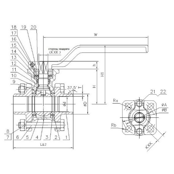 Кран шаровой ABRA-BV 3/4" Ду20 Ру40 двухсоставной c ISO верхним фланцем, полнопроходной под приварку, из нержавеющей стали с рукояткой, ABRA-BV-61-020