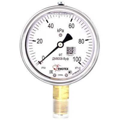 Манометр радиальный Физтех ДМ8008-ВУф (0-250 кПа) к.т. 1,0 Ø100 мм IP54 M20х1,5 РШ ВуСл виброустойчивый заполнение - силикон, 4687205455093