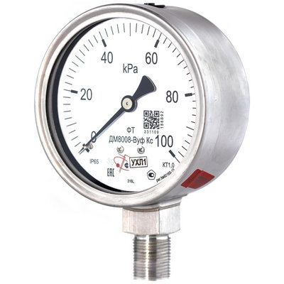 Манометр радиальный Физтех ДМ8008-ВУф Кс (0-600 кПа) к.т. 1,0 Ø100 мм IP65 M20х1,5 РШ SG Б/запол виброустойчивый коррозионностойкий с безопасным стеклом, без заполнения, 4687205720870