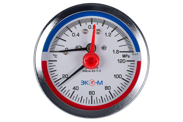 Термоманометр аксиальный Экомера МД04 G1/4 ДК63мм(0-120°С), с переходником