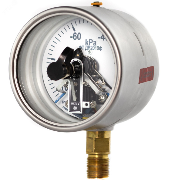 Вакуумметр радиальный Физтех ДВ2010ф исп.V (-100…0 кПа) к.т. 1,5 Ø100 мм IP54 M20х1,5 РШ SG электроконтактный пылевлагозащищенный с безопасным стеклом, 4687205622273