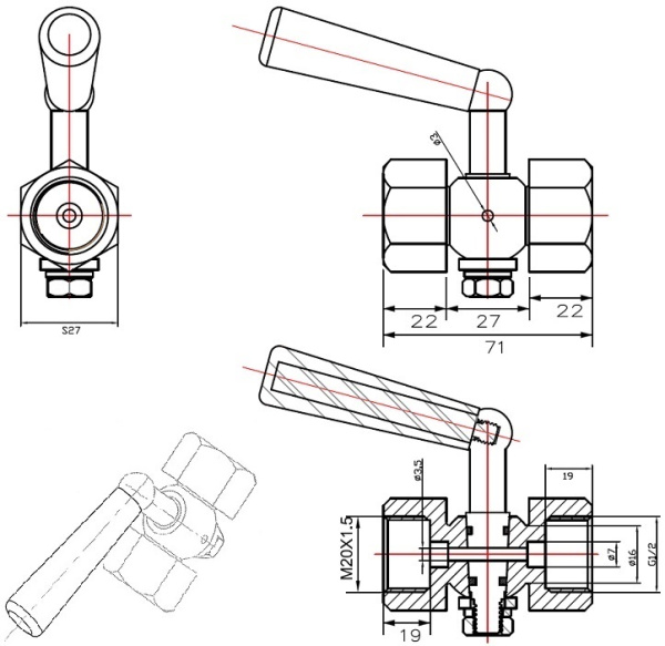 Кран трёхходовой под манометр Abra КМ VFM20FGFM Ду 15, Ру 2,0 МПа ВН-ВН 1/2"-М20х1,5 латунь