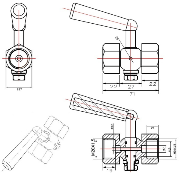 Кран трёхходовой под манометр Abra КМ VFM20FMFM Ду 15, Ру 2,0 МПа ВН-ВН М20х1,5-М20х1,5 латунь