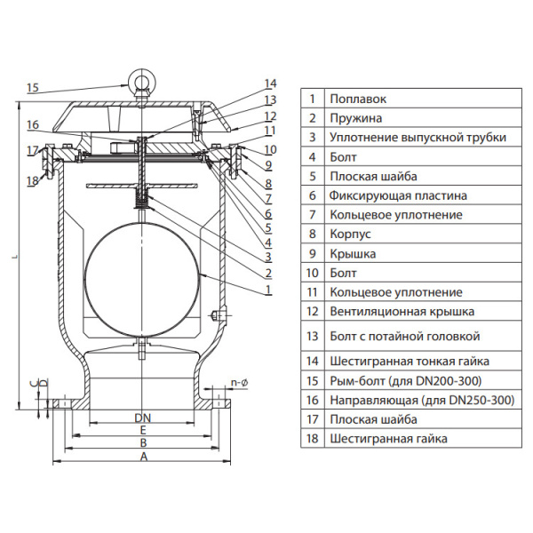 Воздухоотводчик кинетический Гранрег КАТ70-01-02-03-080-16-Ф Ду80 Ру16 Tmax=120°C фланцевый чугунный