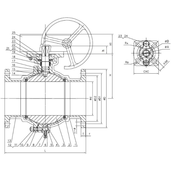 Кран шаровой ABRA-BV 12" Ду300 Ру16 двухсоставной c ISO верхним фланцем, полнопроходной фланцевый, из нержавеющей стали с редуктором, ABRA-BV-41-300