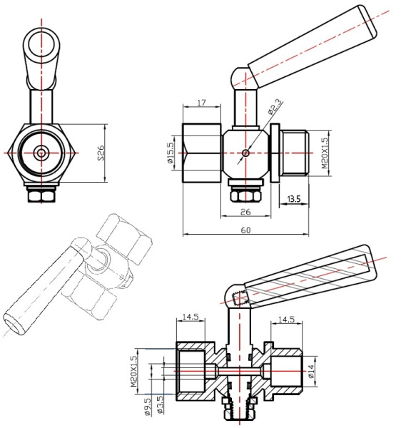 Кран трёхходовой под манометр Abra КМ VFM16FMMM Ду 15, Ру 1,6 МПа ВН-НАР М20х1,5-М20х1,5 латунь