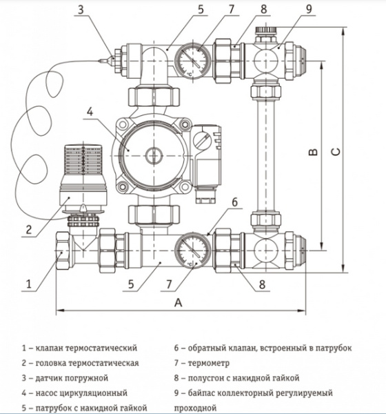 Смесительный узел для тёплого пола 20-60 °C (без насоса), латунь никелированная Tim JH-1032