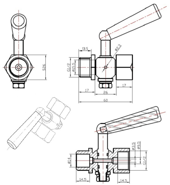 Кран трёхходовой под манометр Abra КМ VFM16FGMG Ду 15, Ру 1,6 МПа ВН-НАР 1/2"-1/2" латунь