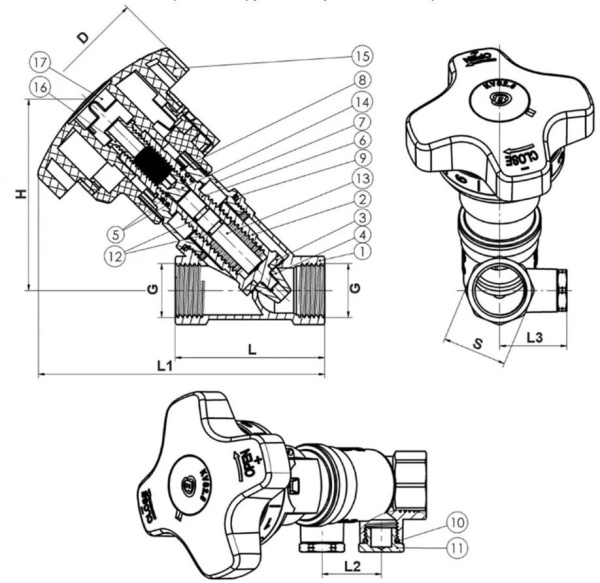 Балансировочный клапан ручной Benarmo 3180H ВР 1/2" Ду15 Ру16 Kvs=2,94 без ниппелей латунный, 022-7451