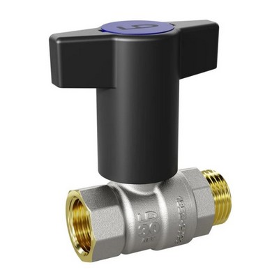 Кран шаровой латунный вн-НАР резьба 3/4", Т-рукоятка синяя + красная, никель LD Pride LD47.342.20RB — фото