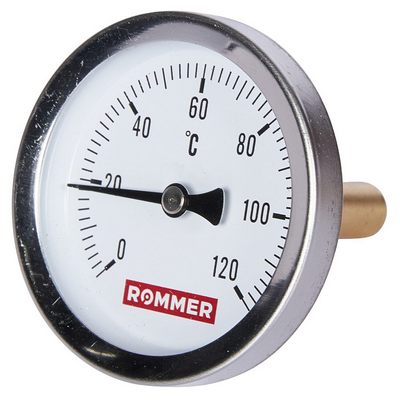 Термометр биметаллический (0-120 °C) 1/2" Ø63 мм с гильзой 50 мм Rommer RIM-0001-635015 — фото