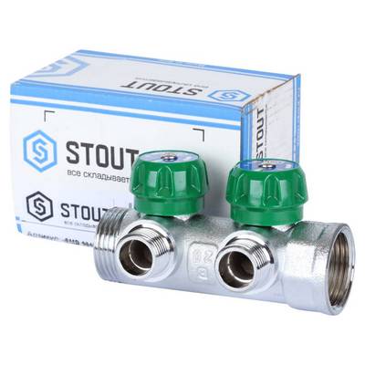 Коллектор Stout 1"х1/2" с регулирующими вентилями и плоским уплотнением, Хром — фото