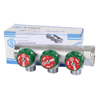 Коллектор Stout 3/4"х1/2" с регулирующими вентилями и плоским уплотнением, Хром — фото
