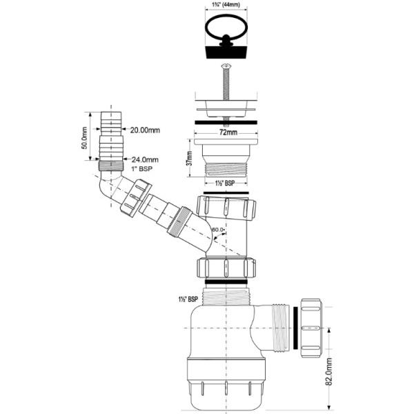 Сифон для раковины 11/2"х40 с отводом для СМА McAlpine MRSK3 — фото